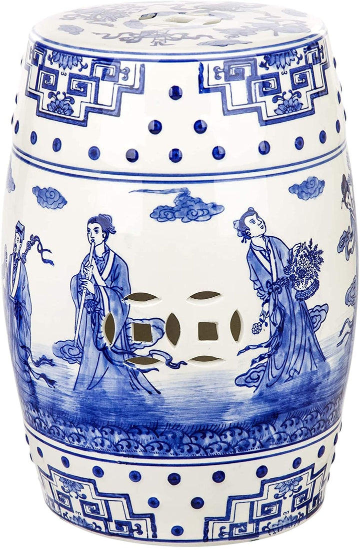 Ocean Jewel Chinoiserie Blue Garden Stool Transitional Ceramic Handmade - Diamond Home USA