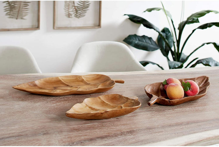 Large Rustic Leaf Shaped Natural Teak Wood Serving Trays Set 3 22" 21" 15" 22 X 9 1 Brown - Diamond Home USA