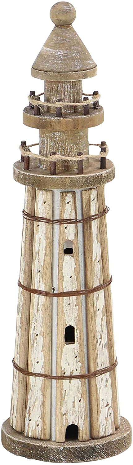 Set 2 Coastal Inspired Stained Wood Brown Lighthouse Sculptures White Nautical Antique - Diamond Home USA