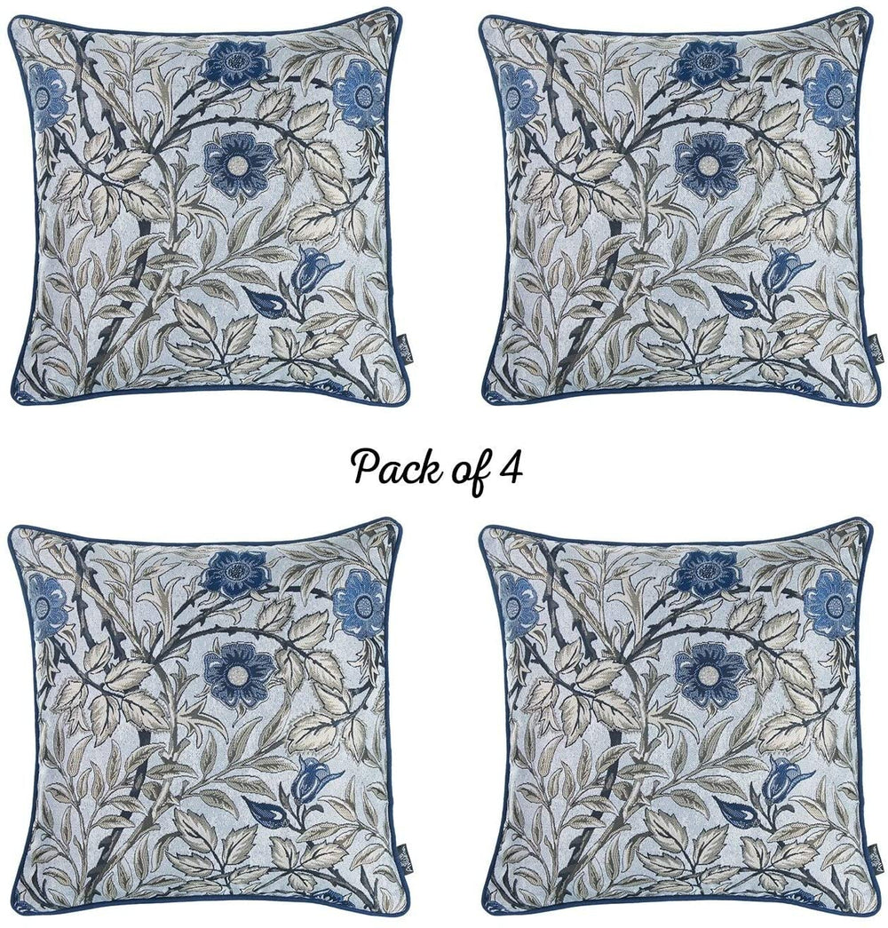 Blue Leaf Jacquard Throw Pillow Covers (Set 4) Floral Modern Contemporary Polyester Set 3 More Removable Cover - Diamond Home USA