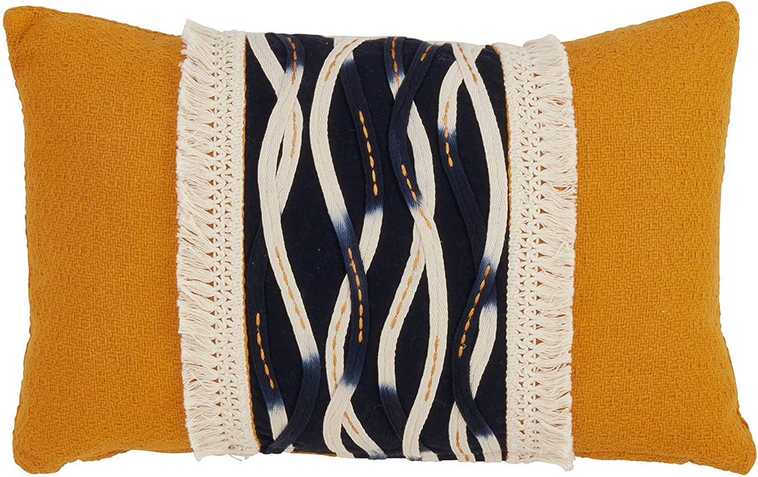 Yellow Down Filled Wavy Stitched Throw Pillow Abstract