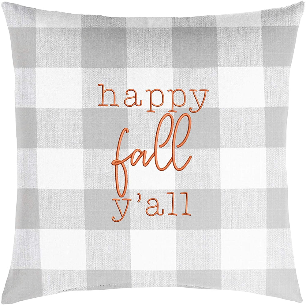 Grey Buffalo Plaid Happy Fall Yall Indoor/Outdoor Pillow Black Transitional Fabric Polyester Fade Resistant Uv - Diamond Home USA