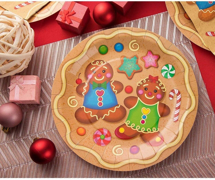 24 Set Christmas Party Disposable Dinnerware Boy Girl Gingerbread Cookie Design Color Holiday Casual Round Piece - Diamond Home USA