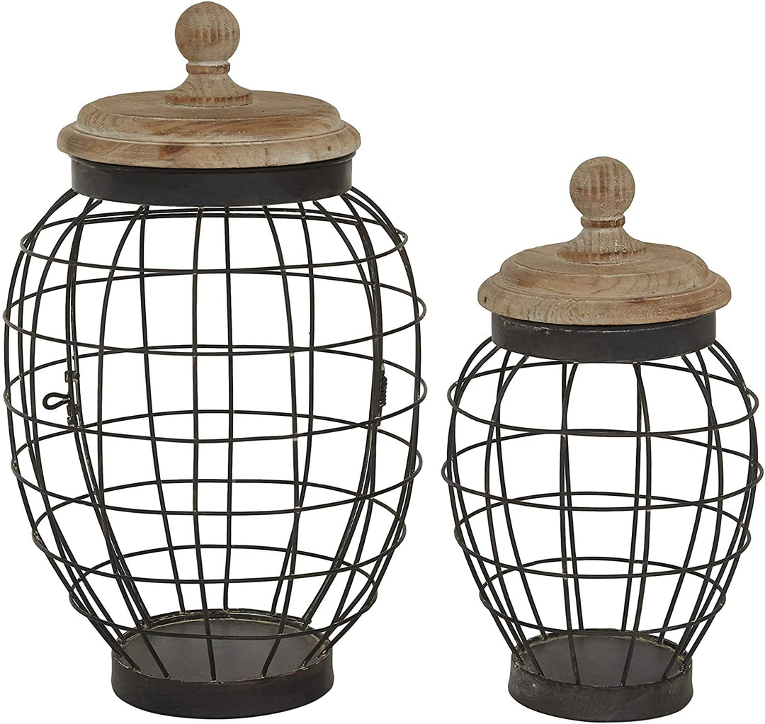 Round Black Open Metal Frame Jar Natural Wood Lid Set 2