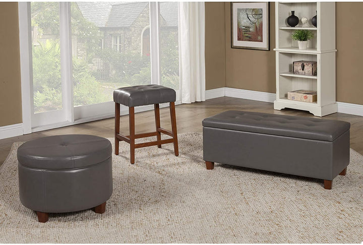 Charcoal Grey Leatherette Round Storage Ottoman Solid Casual Transitional Faux Leather Foam Wood - Diamond Home USA