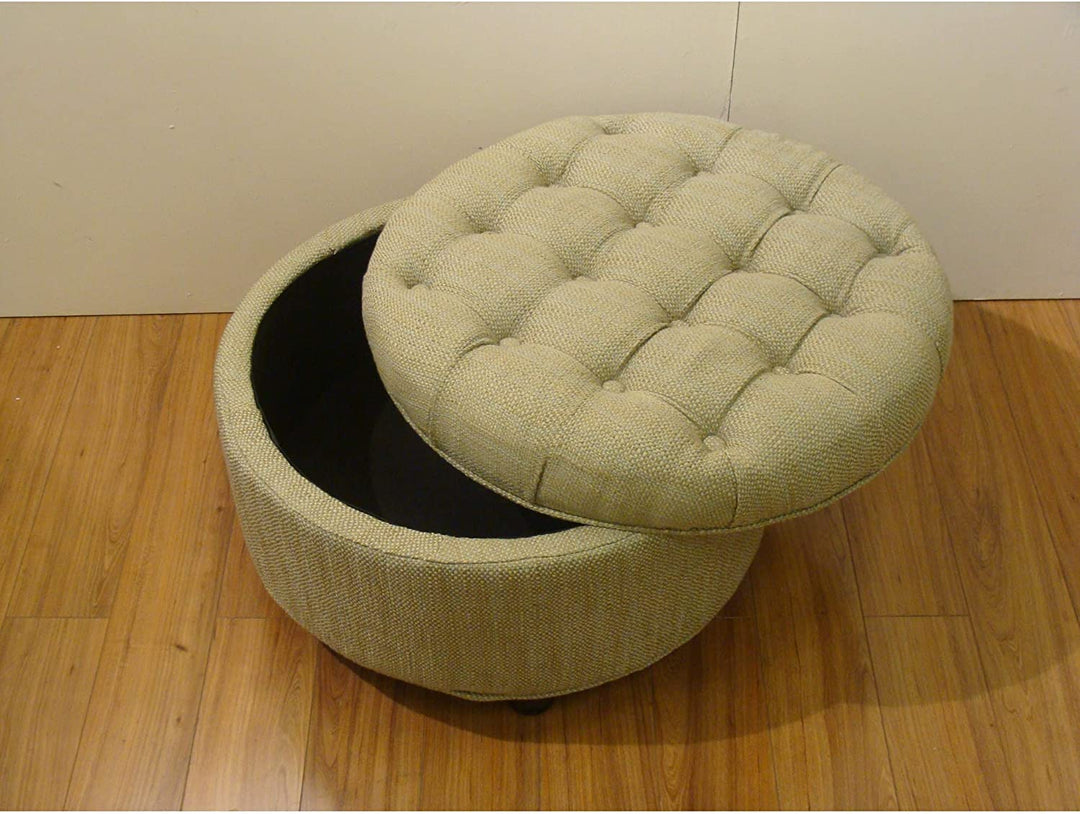 Tan Cream Tweed Tufted Storage Ottoman Solid Casual Round Fabric Foam Wood - Diamond Home USA