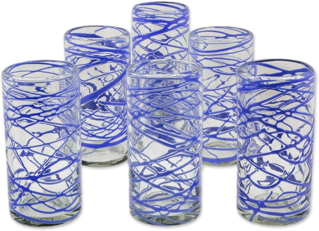 Handmade Blown Glass High Ball Glasses Sapphire Swirl Set 6 (Mexico) Blue Clear - Diamond Home USA