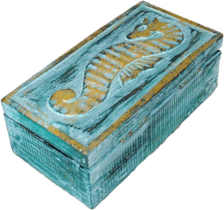 MISC Sweet Seahorses 2 Piece Wooden Box Set Green Nautical Coastal Wood Antique Handmade