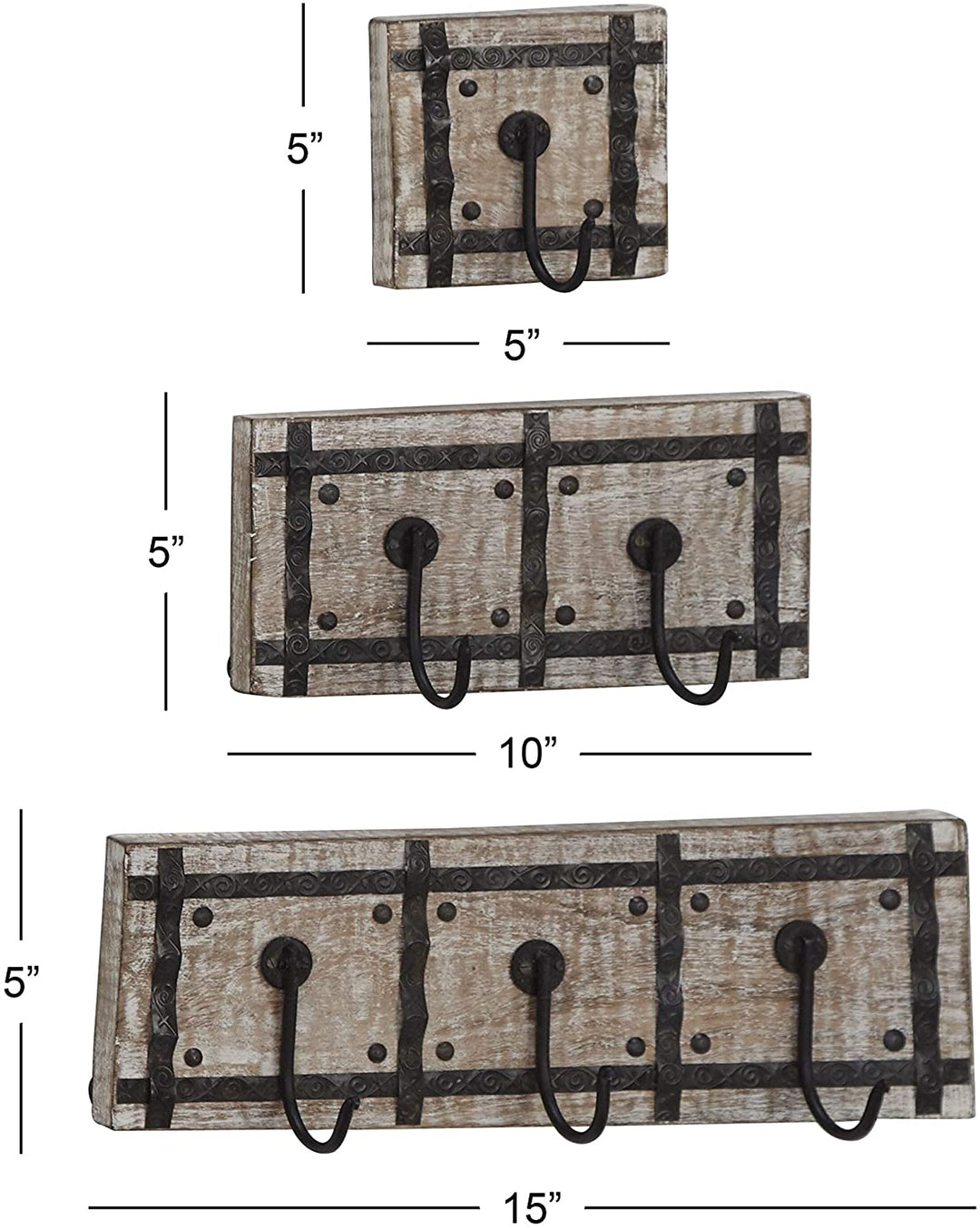 Set 3 Mango Wood Iron Framed Wall Hooks Black Farmhouse - Diamond Home USA