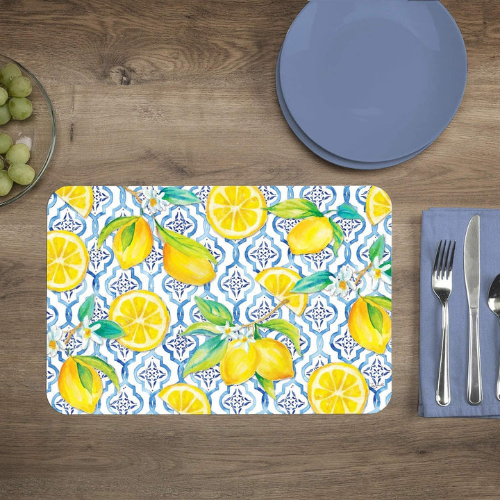 Wipe Clean Placemats Set 4 Lovely Lemons Color Rectangle Plastic - Diamond Home USA