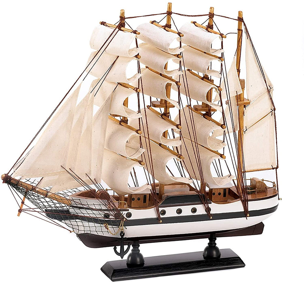Wooden Boat Model Black Brown White Nautical Coastal Cotton Wood Finish - Diamond Home USA