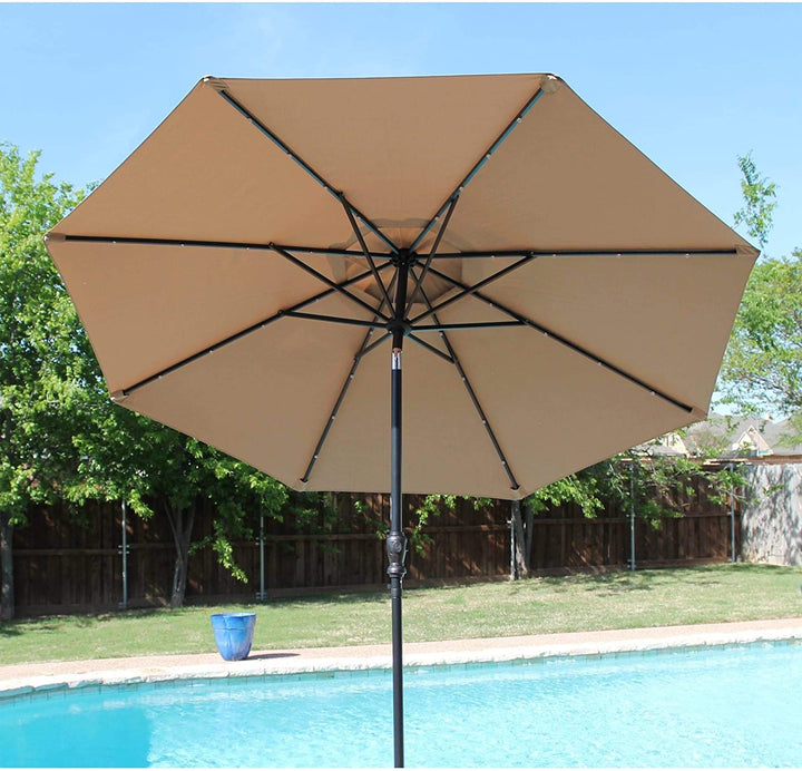 9 Foot Round Solar Lighted Umbrella Taupe Beige Off/White Tan Solid Traditional Polyester - Diamond Home USA