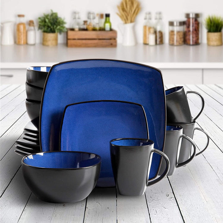 Home Modern Dinnerware Set Blue Solid Casual Round Stoneware 16 Piece Microwave Safe - Diamond Home USA
