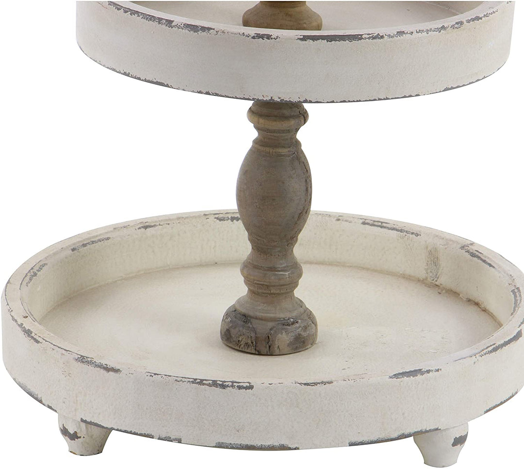 Farmhouse 25 X 15 Inch Wooden 3 Tier Serving Tray Brown Off White Solid Round Wood 1 Piece - Diamond Home USA