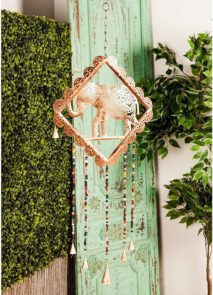 Eclectic 30 X 14 Inch Elephant Imitation Wind Chime Bead Accents Gold Bohemian Iron - Diamond Home USA