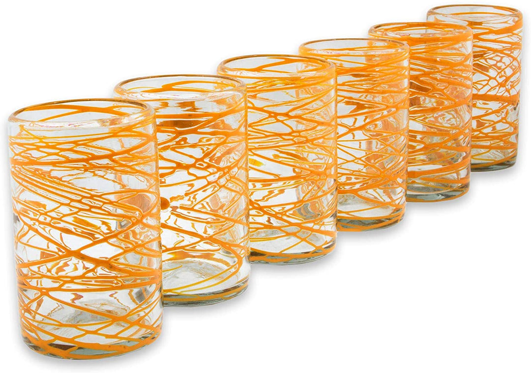 Handmade Set 6 Blown Glass 'Tangerine Swirl' Water Glasses (Mexico) Clear Orange - Diamond Home USA