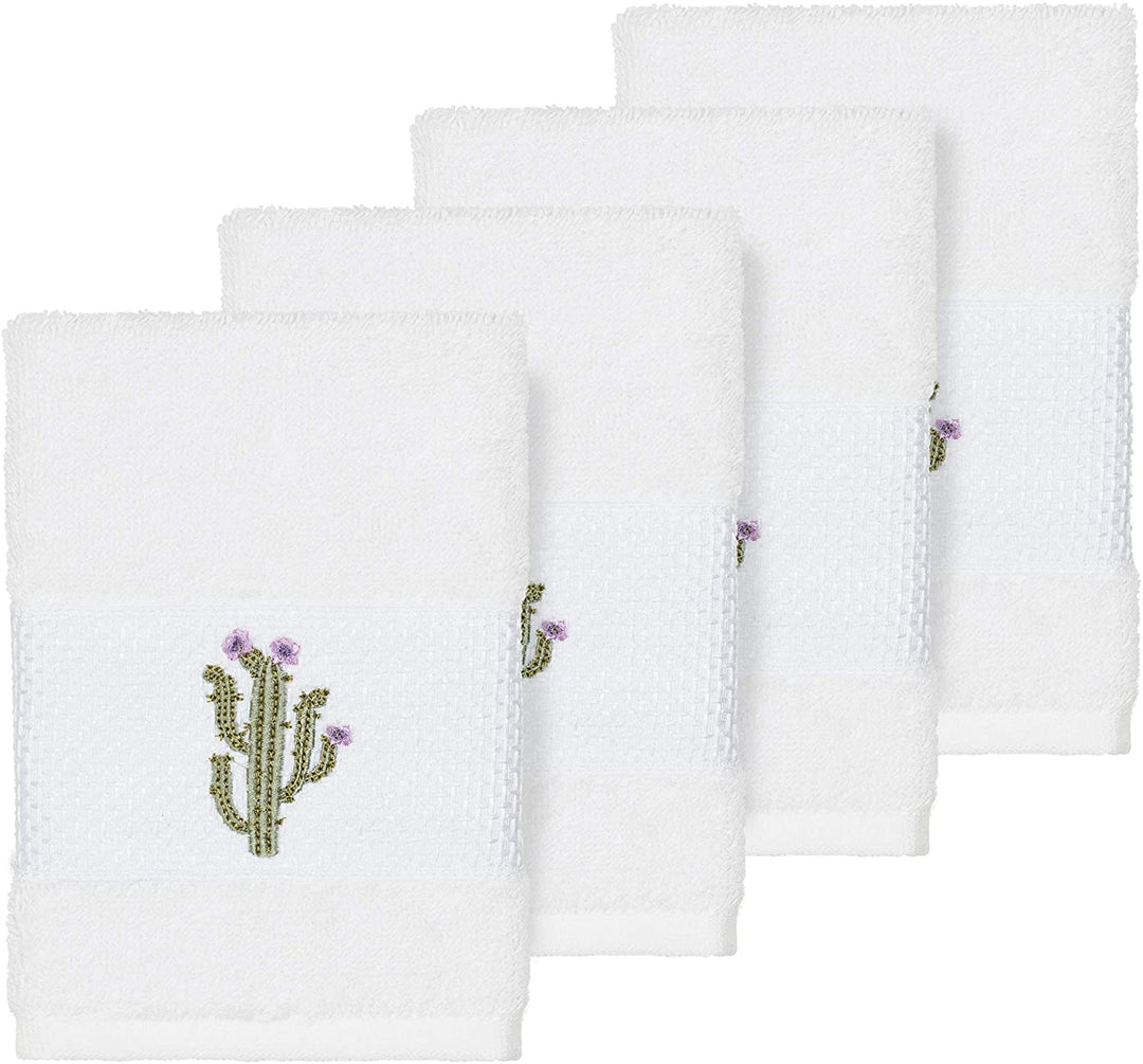 Turkish Cotton Cactus Embroidered White 4 Piece Washcloth