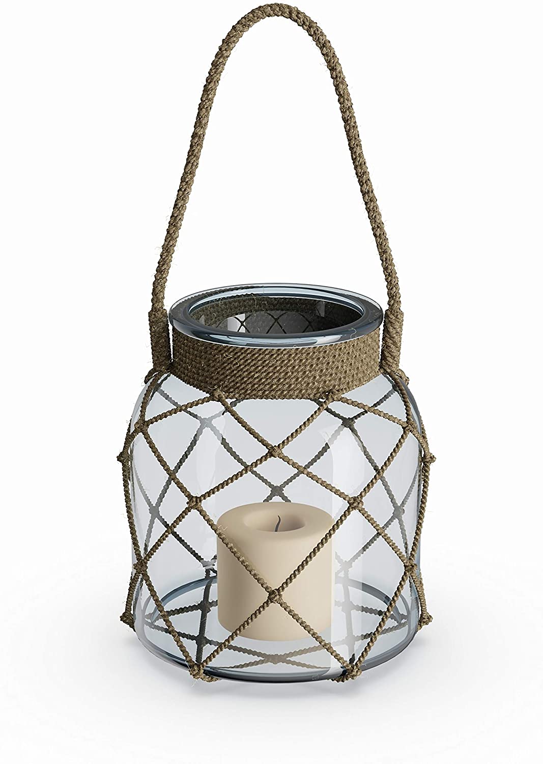 MISC Glass/Rope Candle Lantern (7'' X 8'') Brown Clear Farmhouse Glass