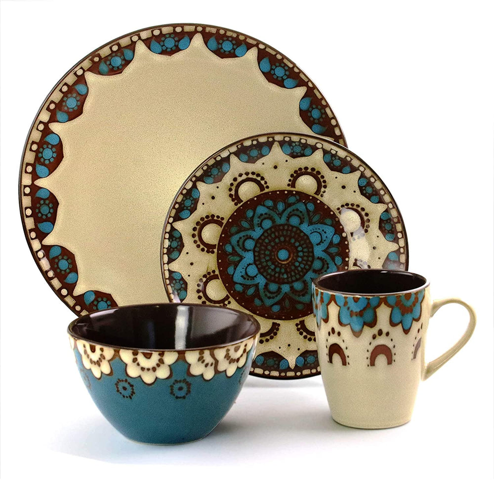Sandstone Mandala 16 Piece Round Stoneware Dinnerware Set Brown Geometric Casual Microwave Safe - Diamond Home USA