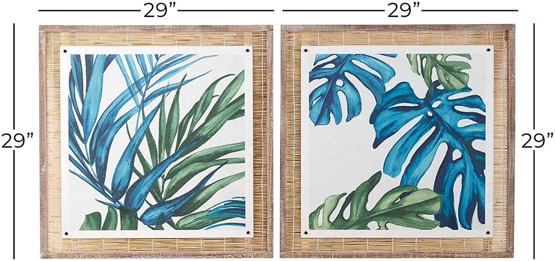 Square Blue Green Botanical Leaves Paper Wood Wall Art Natural Reed Framing Set 2 29" X Color Transitional - Diamond Home USA