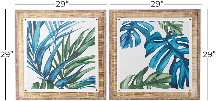 Square Blue Green Botanical Leaves Paper Wood Wall Art Natural Reed Framing Set 2 29" X Color Transitional - Diamond Home USA