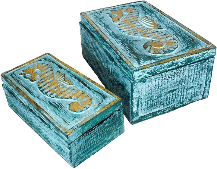 Sweet Seahorses 2 Piece Wooden Box Set Green Nautical