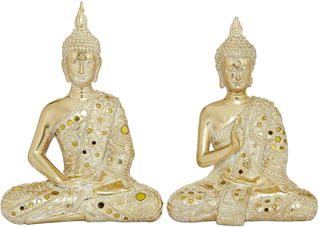 Gold Resin Sitting Buddha Sculptures Set 2 8 X 5