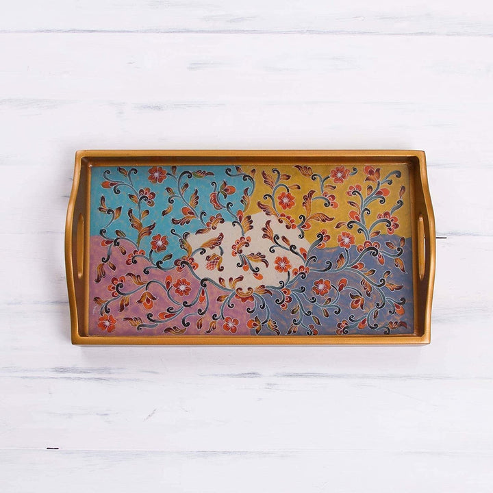 Handmade Joy Painted Glass Tray (Peru) Color Floral Modern Contemporary Rectangle 1 Piece - Diamond Home USA
