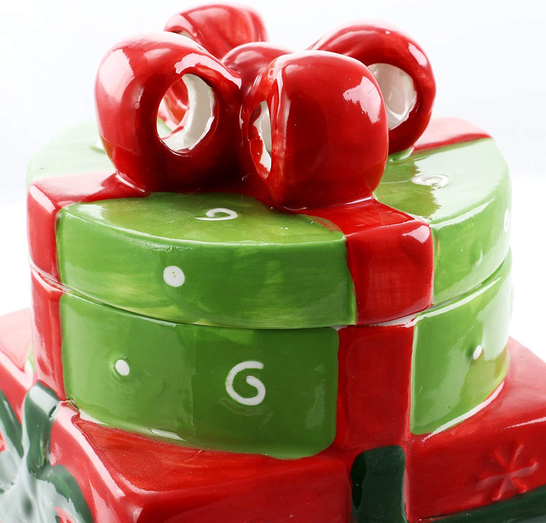 Christmas Estate 7 5 Inch Gift Box Holiday Cookie Jar Color Banded Stoneware - Diamond Home USA