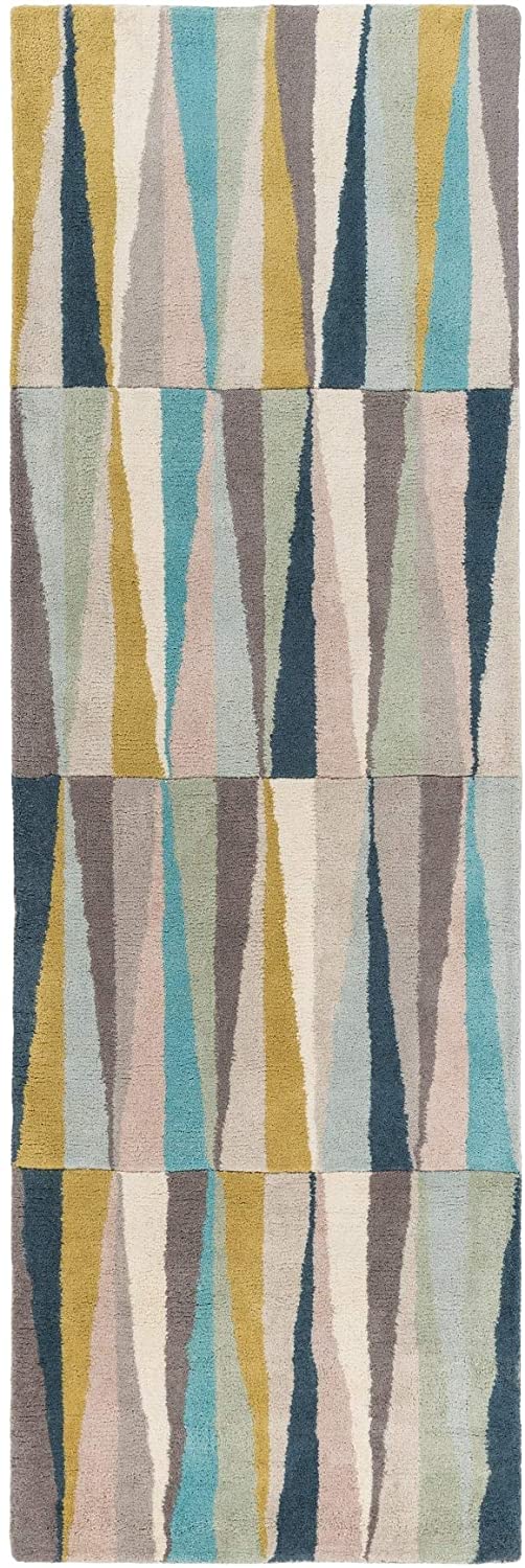 Hand Tufted Geometric Wool Area Rug 2'6" X 8' Runner Blue