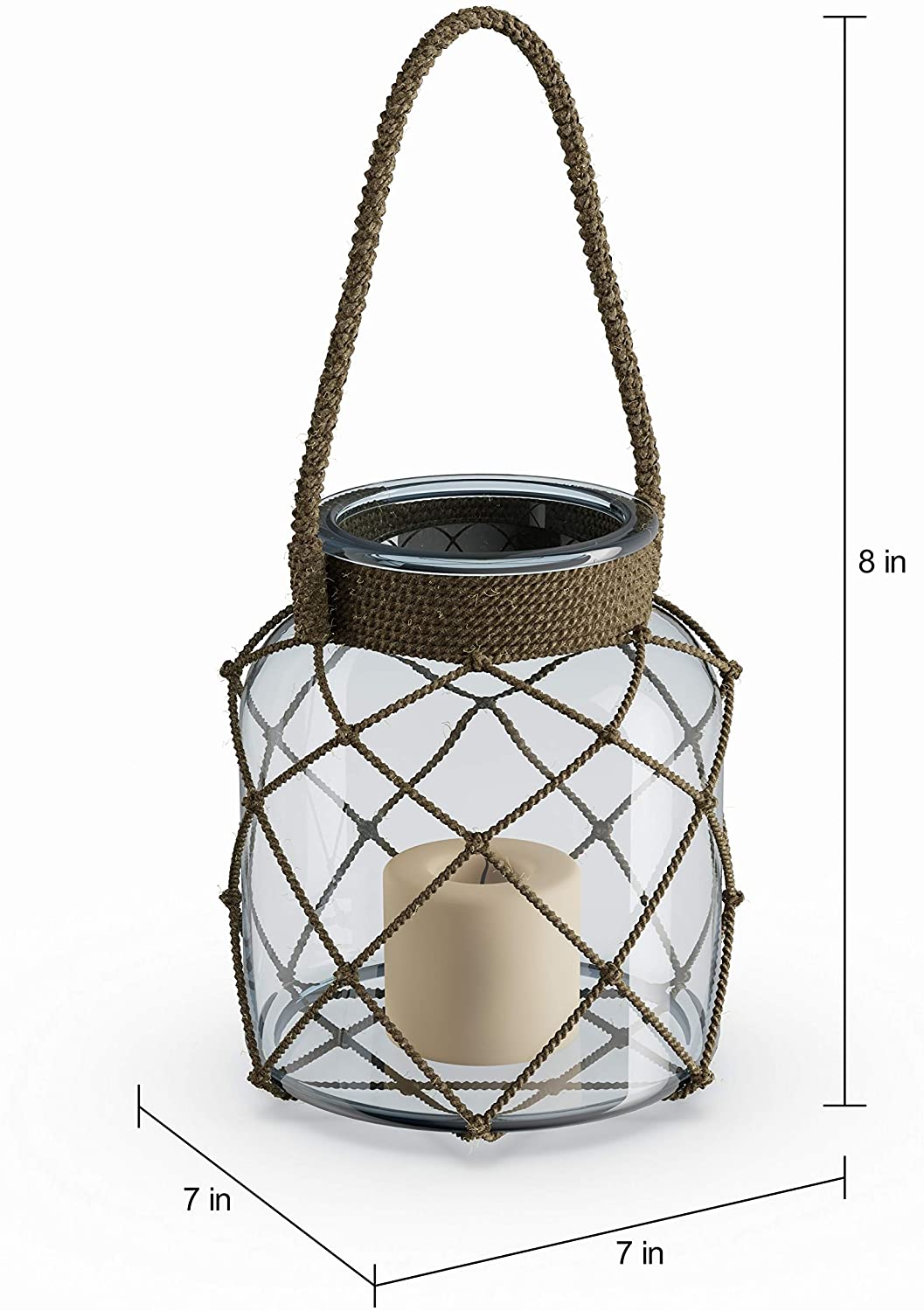 MISC Glass/Rope Candle Lantern (7'' X 8'') Brown Clear Farmhouse Glass