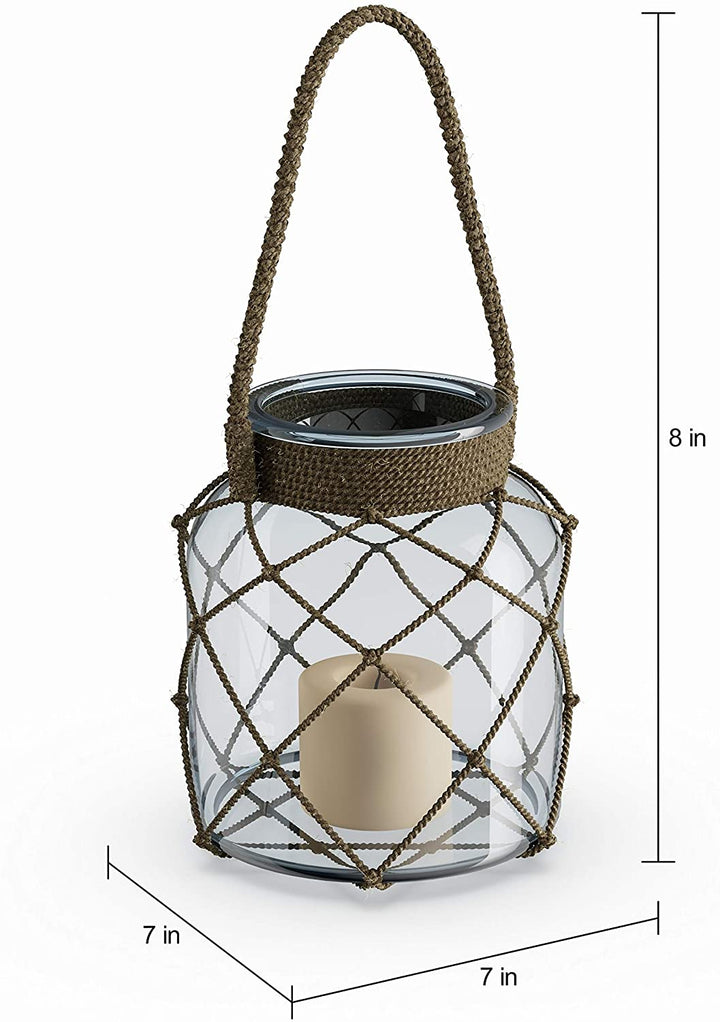 MISC Glass/Rope Candle Lantern (7'' X 8'') Brown Clear Farmhouse Glass