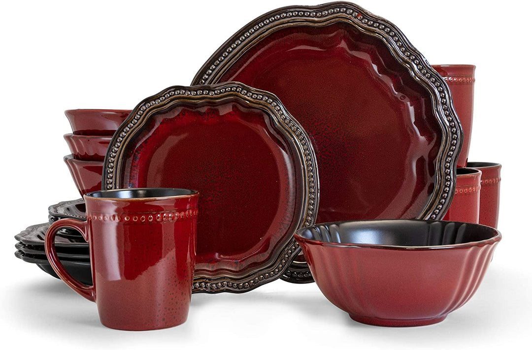 16 Piece Stoneware Dinnerware Set Red Textured Casual