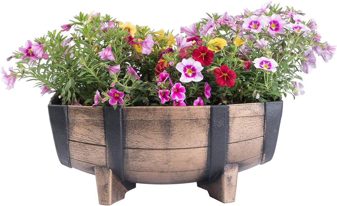 Rustic Wood Look Plastic Half Barrel Flower Pot Garden Planter Pack 2 Brown Round - Diamond Home USA