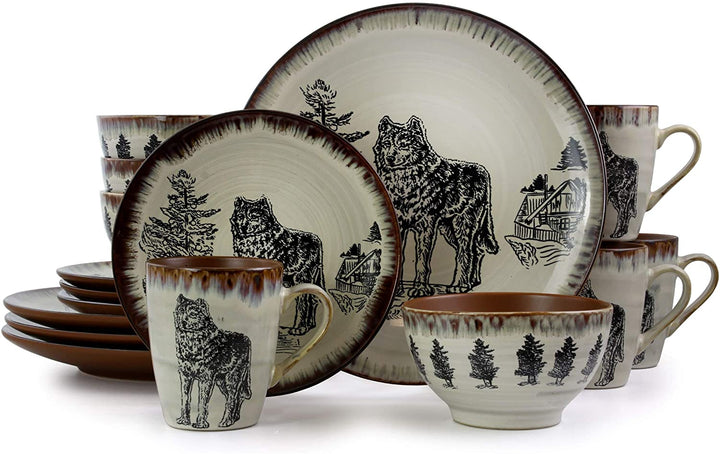 Winter Wolf 16 Piece Round Stoneware Dinnerware Set Taupe