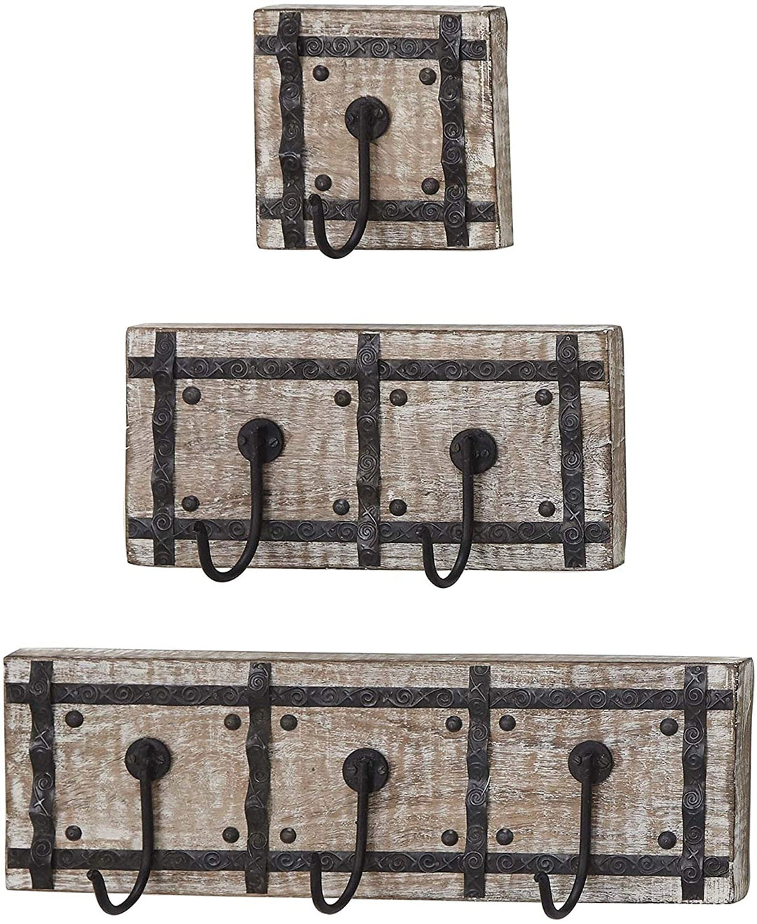 Set 3 Mango Wood Iron Framed Wall Hooks Black Farmhouse - Diamond Home USA