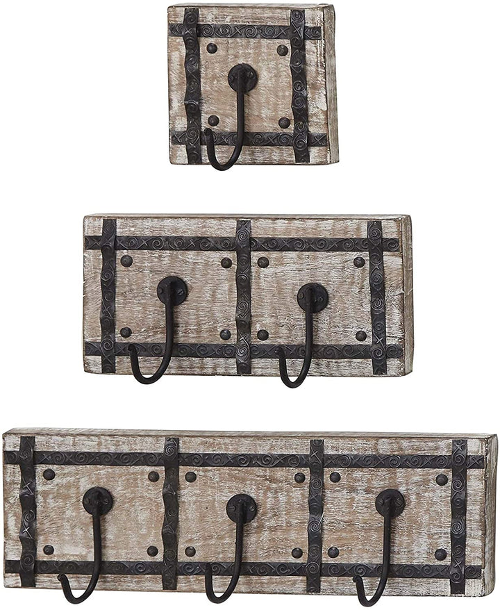 Set 3 Mango Wood Iron Framed Wall Hooks Black Farmhouse - Diamond Home USA