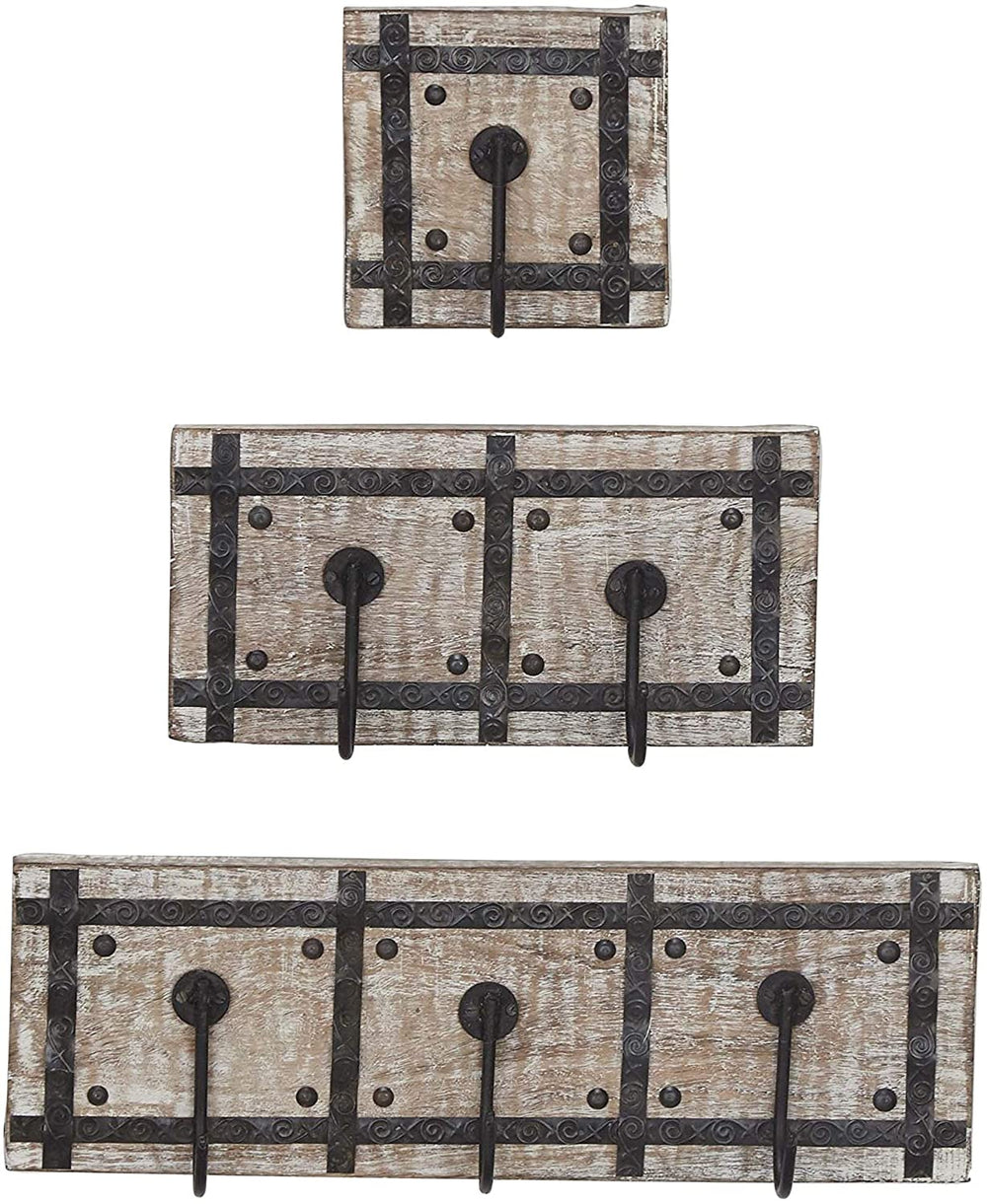 Set 3 Mango Wood Iron Framed Wall Hooks Black Farmhouse - Diamond Home USA