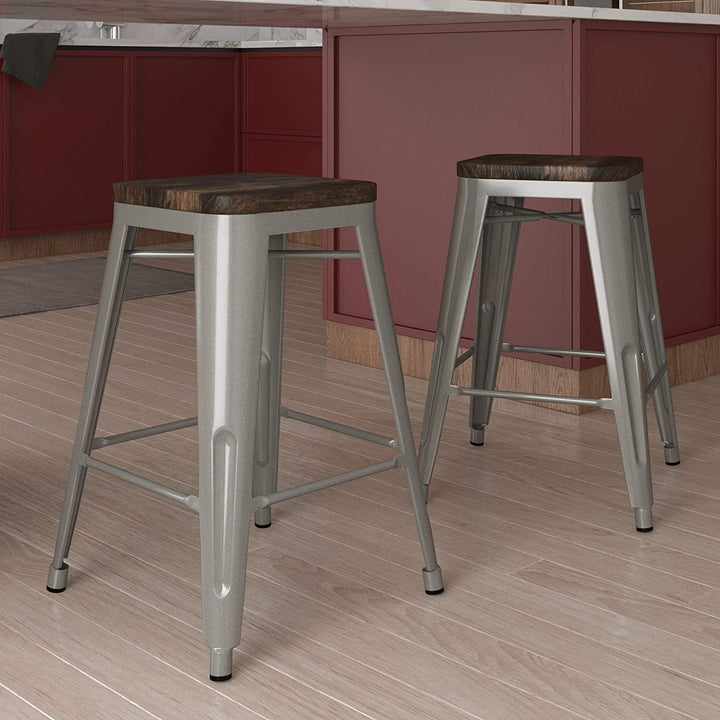 24 inch Metal Counter Stool Wood Seat (Set 2) Grey Farmhouse Silver Finish - Diamond Home USA