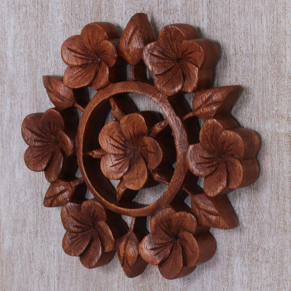 Handmade Wood Relief Panel 'Frangipani Garden' (Indonesia) Brown Modern Contemporary