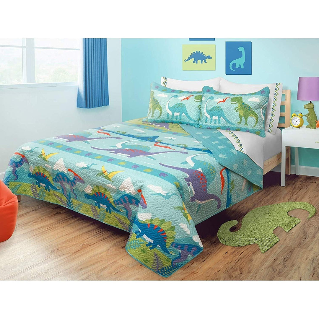 3 Piece Dinosaur Quilt Full Size Set Colorful Aqua Blue