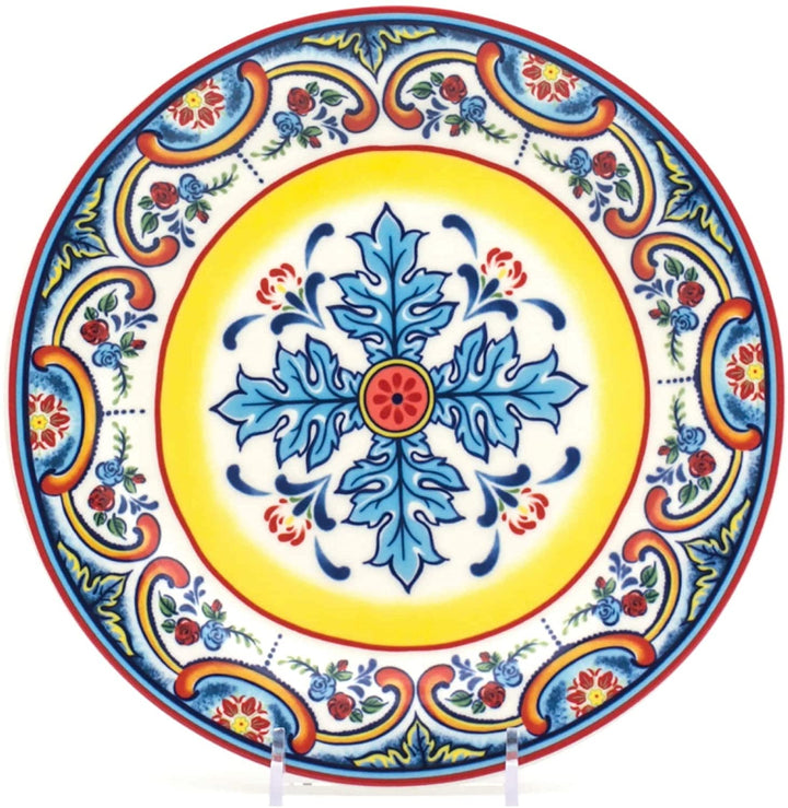 Euro Ceramica Zanzibar Ceramic 8" Salad Plate (Set 4) Blue Color Yellow Floral Casual Traditional Round 4 Piece Handmade Microwave Safe