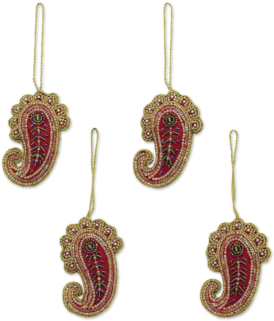 Handmade Set 4 Beaded Ornaments Brilliant Paisleys (India)