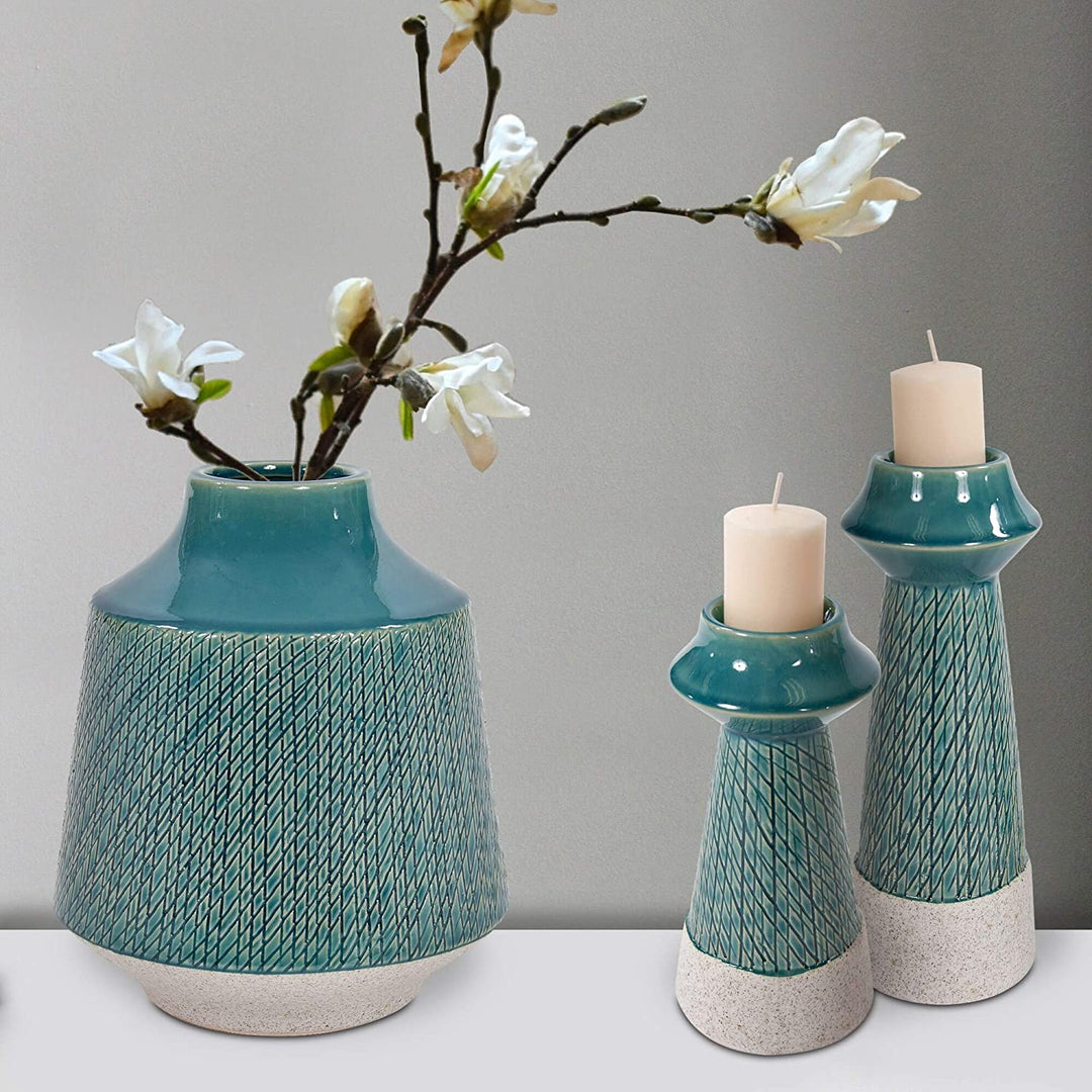 Blue Ceramic Round Vase 9h X 8w 8d - Diamond Home USA