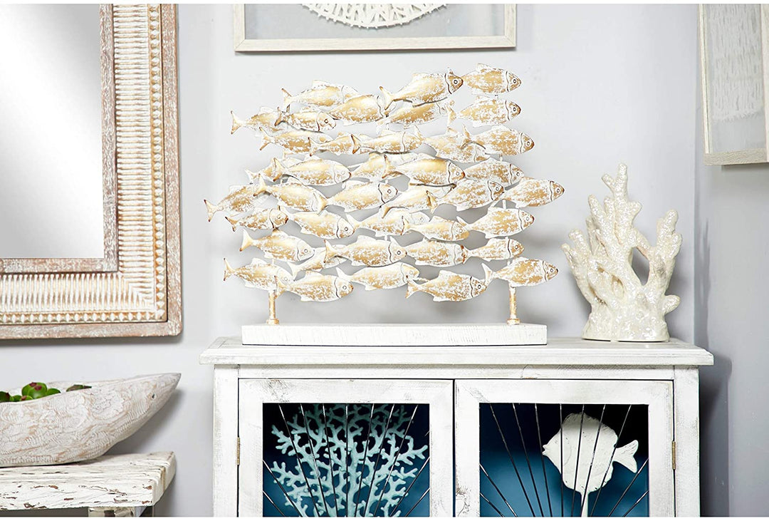 Coastal Carved Metal Fish Sculpture Table Decor Beige