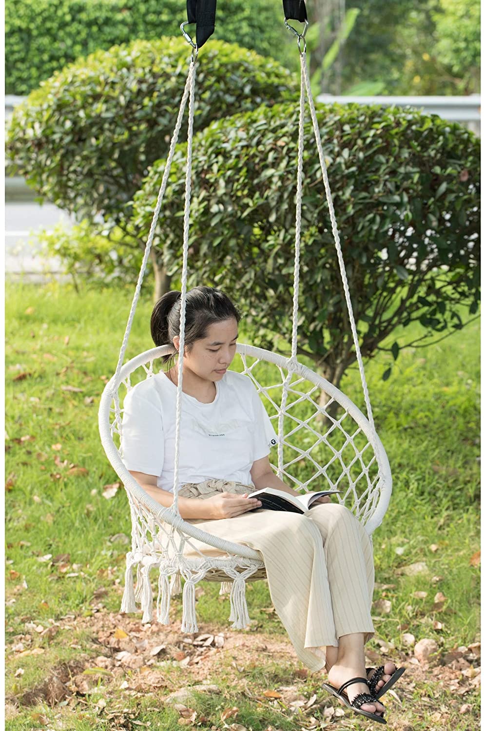 Round Hanging Hammock Cotton Rope Macrame Swing Chair Indoor Outdoor White Bohemian Eclectic Ultra Light - Diamond Home USA