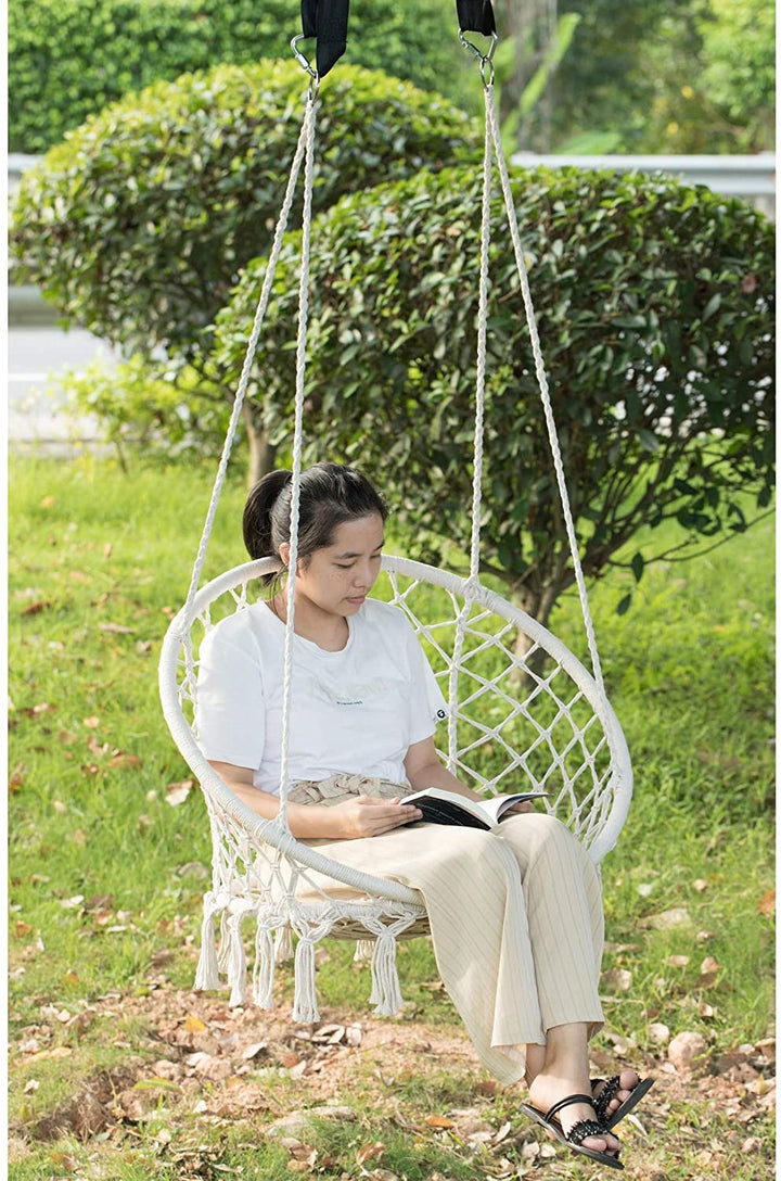Round Hanging Hammock Cotton Rope Macrame Swing Chair Indoor Outdoor White Bohemian Eclectic Ultra Light - Diamond Home USA