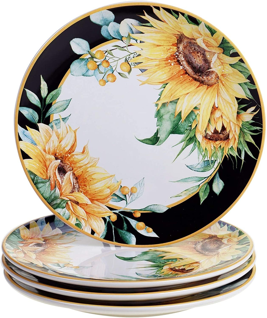 Sunflower Fields 16 Piece Dinnerware Set (Service 4) Color White Yellow Floral Farmhouse Modern Contemporary Round 16 Piece Dishwasher Safe Microwave - Diamond Home USA