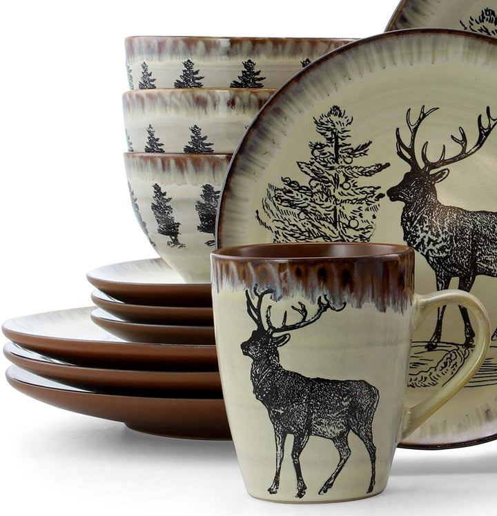 Moose Piece Round Stoneware Dinnerware Set Taupe Beige Animal Casual 16 Microwave Safe - Diamond Home USA