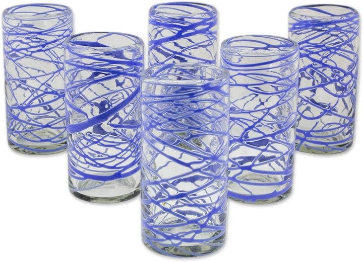 Handmade Blown Glass High Ball Glasses Sapphire Swirl Set